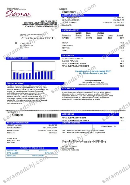 USA City of Sherman utility bill template in Word and PDF format